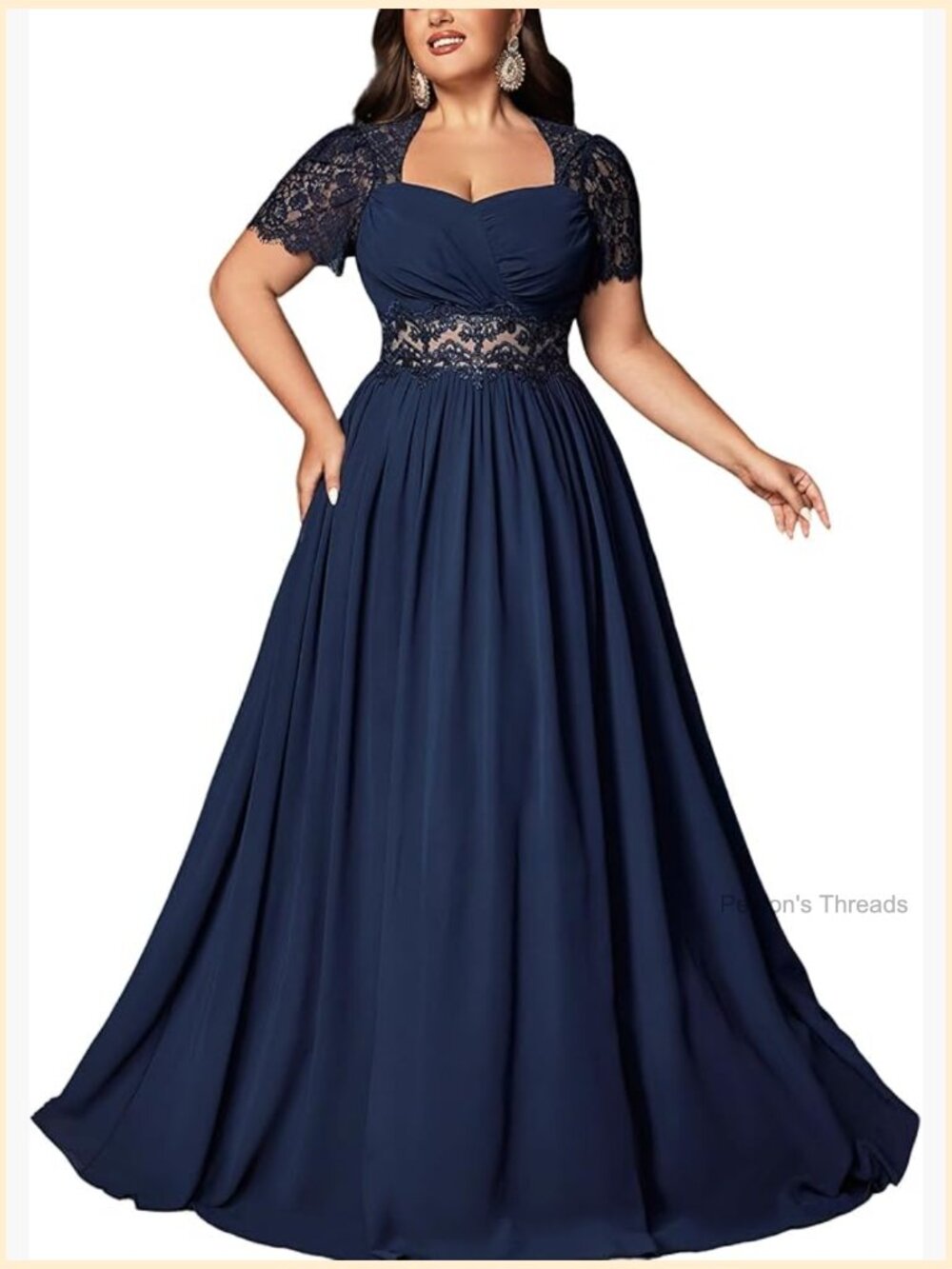 Plus Size Lace Formal Evening Maxi Dress Square Neck High Waist Short Sleeve
